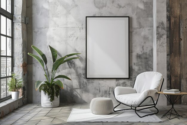 A serene living room scene with a white chair positioned beside a window illuminated by soft sunlight