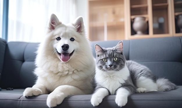 In a serene living room two adorable pets a dog and a cat enjoy each other's company on a spacious couch illuminated by natural light AI generative