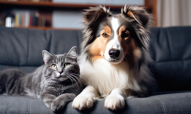 In a serene living room two adorable pets a dog and a cat enjoy each other's company on a spacious couch illuminated by natural light AI generative