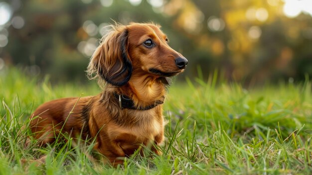 Serene Longhaired Dachshund Dog Enjoying a Sunny Day in Lush Green Grass with Golden Light in