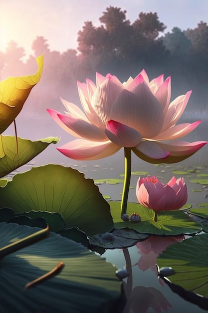 Serene Lotus Blossoms Adorning the Tranquil Pond