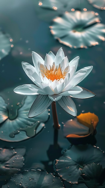 A serene lotus flower basking in the soft glow on tranquil waters