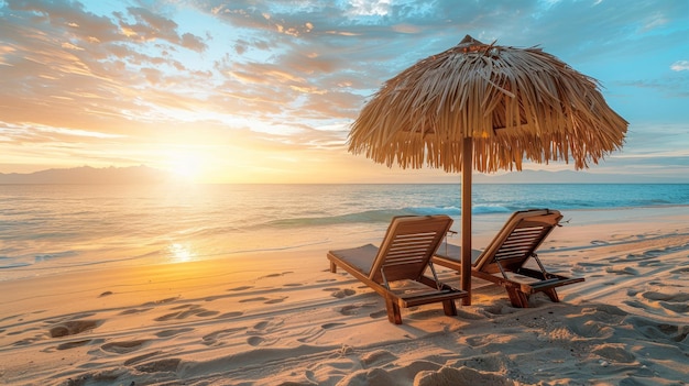 A serene luxury beach scene at sunset with comfortable lounge chairs under a straw umbrella emphasizing a relaxed upscale vacation atmosphere