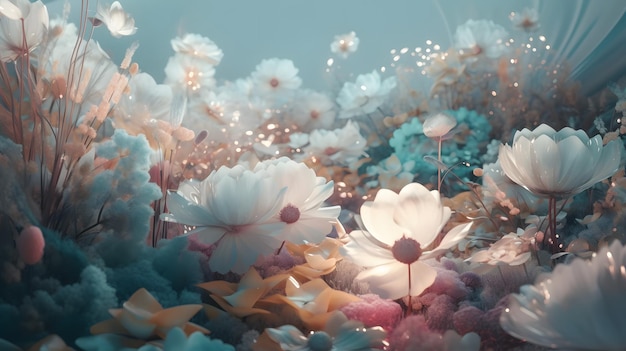 Serene and magical pastel garden with glowing translucent flowers in 3D Generative AI