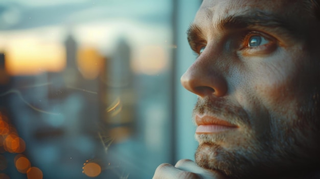 A serene man is lost in thought his face illuminated by the soft light of a city sunset seen through a window