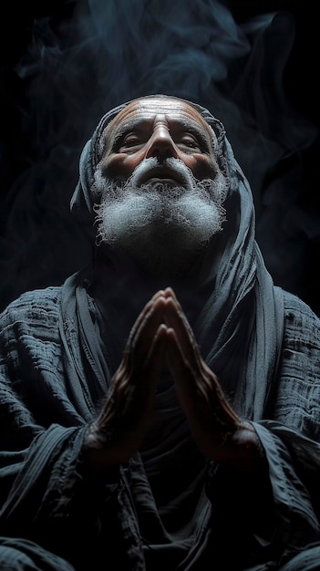 Photo serene man in traditional attire engages in quiet contemplation dark backdrop generative ai