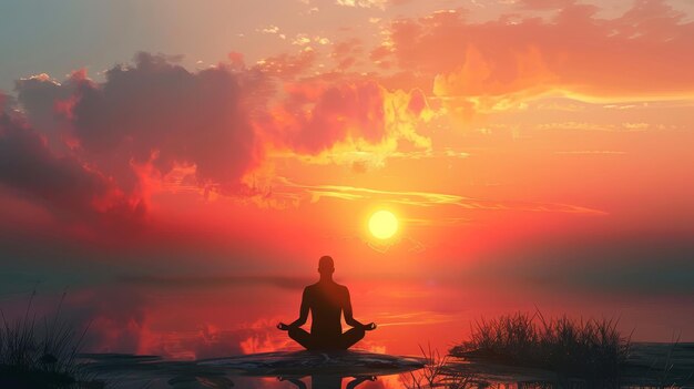 Serene man in yoga pose meditating at sunset realistic image capturing peaceful mindfulness