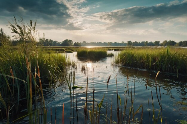 Serene marshland with reeds