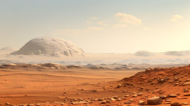 A serene Martian landscape featuring distant hills and a sandy terrain