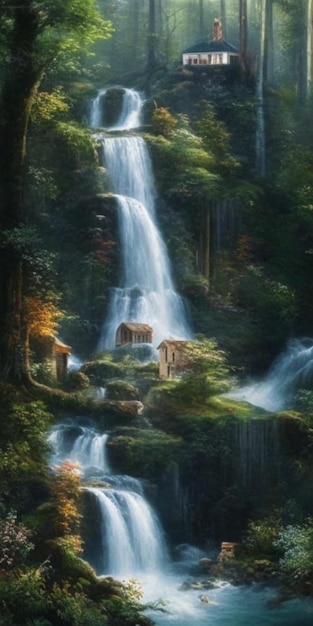 A serene masterpiece capturing a woodland waterfall