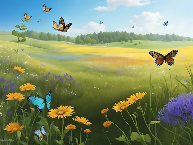 a serene meadow filled with colorful wildflowers and butterflies fluttering around