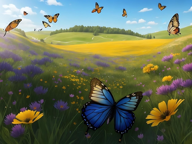 a serene meadow filled with colorful wildflowers and butterflies fluttering around