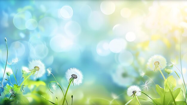 Serene meadow with soft focus on grass and dandelion flowers green and blue bokeh background with sunbeams