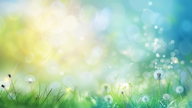 Photo serene meadow with soft focus on grass and dandelion flowers green and blue bokeh background with sunbeams