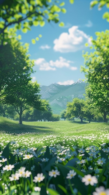 Serene Meadow with White Flowers and Trees