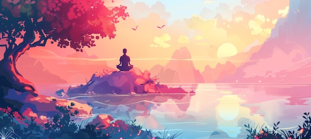 Serene Meditation Retreat Banner with Tranquil Landscape and Calming Sunset Imagery for Event Promotion