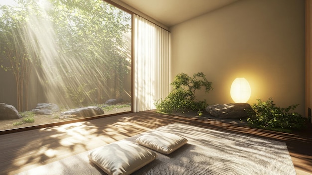 Photo a serene meditation room in minimalist decor with a floor cushion zen garden and soft lighting offering a peaceful retreat for mindfulness practice