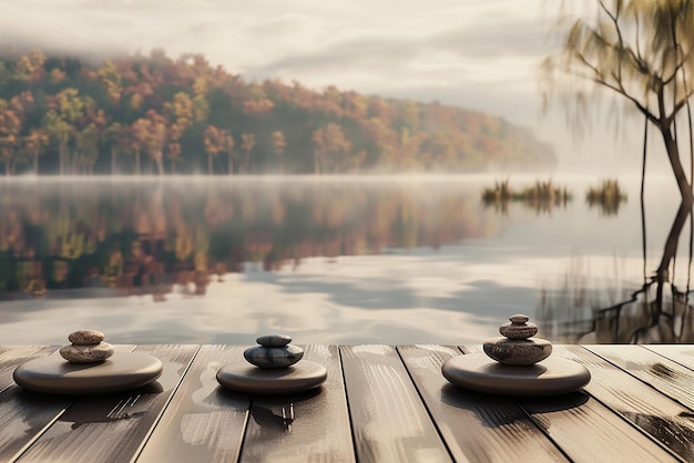 Photo serene meditation session on a lakeside deck