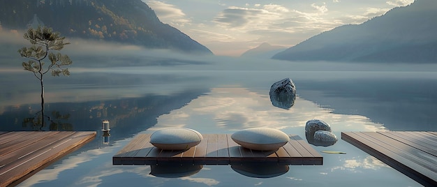 Photo serene meditation session on a lakeside deck