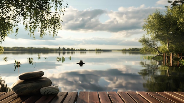 Photo serene meditation session on a lakeside deck