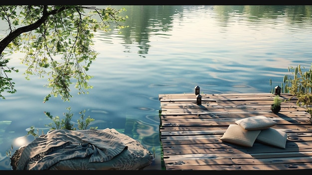 Photo serene meditation session on a lakeside deck