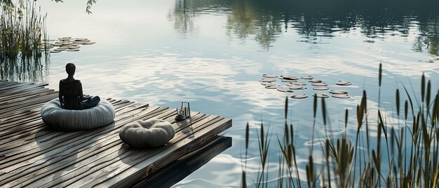 Photo serene meditation session on a lakeside deck