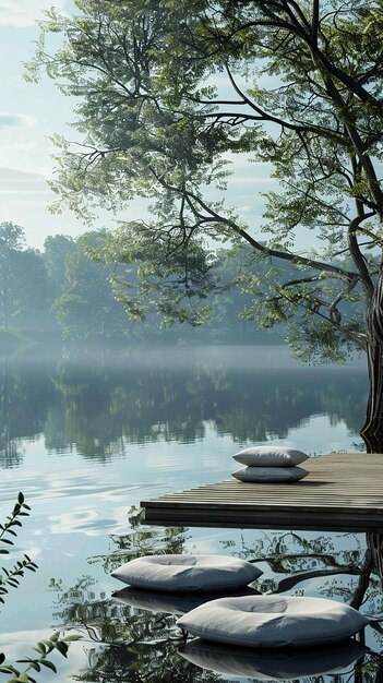 Photo serene meditation session on a lakeside deck