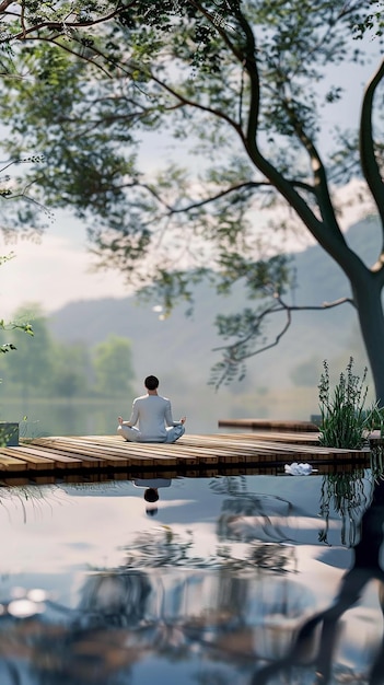 Photo serene meditation session on a lakeside deck