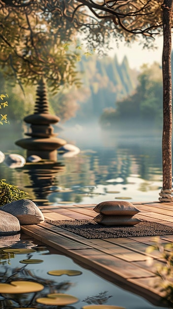 Photo serene meditation session on a lakeside deck