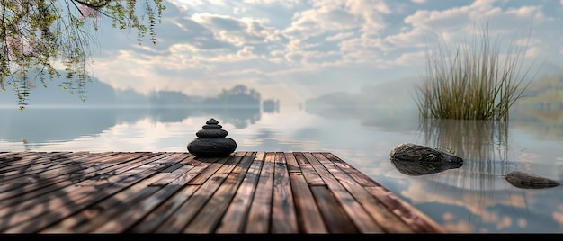 Photo serene meditation session on a lakeside deck