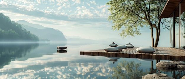 Photo serene meditation session on a lakeside deck