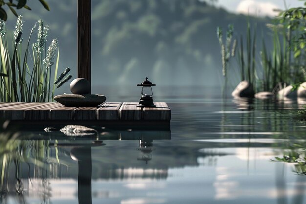 Photo serene meditation session on a lakeside deck