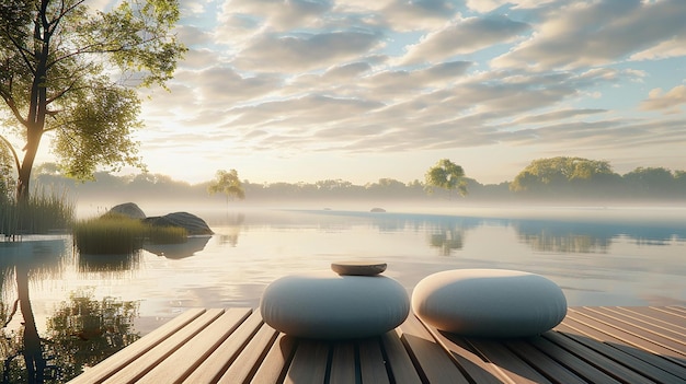 Photo serene meditation session on a lakeside deck