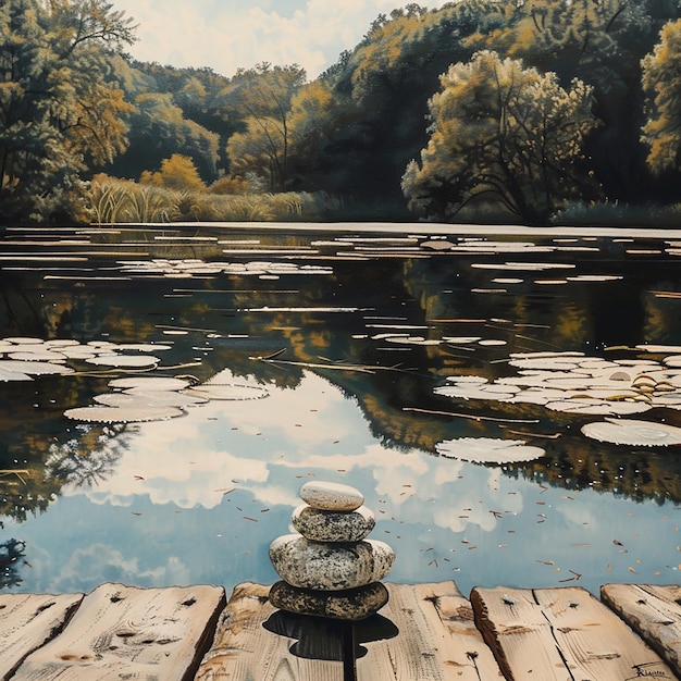 Photo serene meditation session on a lakeside deck