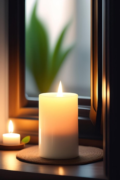 Serene meditation and wellness Calm candle with plants and soft light Window sunlight