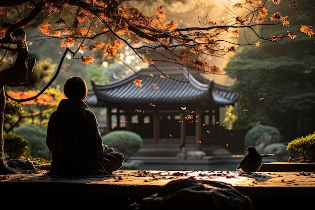 Serene meditator under tree light and nature generative IA