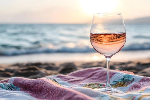 Photo serene mediterranean beach with rose wine on a vibrant towel sunlit waves and peaceful horizon