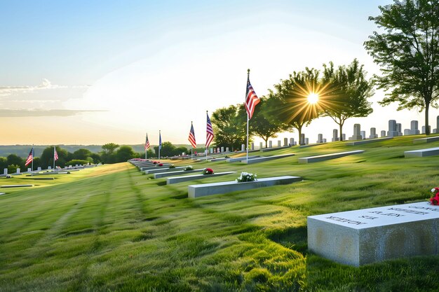 Serene Memorial Day at military cemetery with white gravestones and American flags honoring fallen heroes