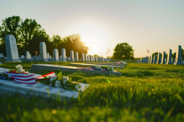 Serene Memorial Day at military cemetery with white gravestones and American flags honoring fallen