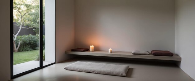 Photo a serene minimal meditation room featuring a low platform and natural light