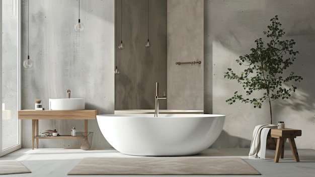 A serene minimalist bathroom with a white freestanding bathtub wooden accents and a large mirror reflecting the clean design