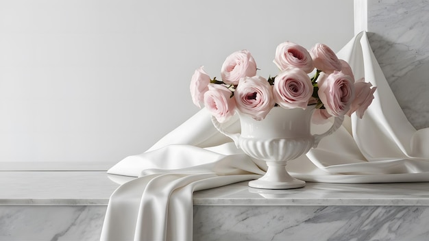 A serene and minimalist composition white vase filled with delicate pink roses Generative AI