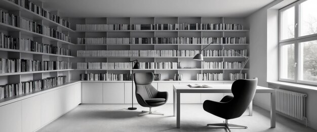 Photo a serene minimalist home library with floor to ceiling shelves for calm reading