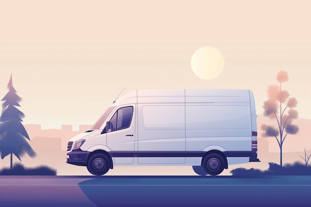 Serene minimalist illustration of a delivery van on a journey at dawn with a warm pastel backdrop