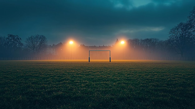 Serene Minimalist Rugby Field with Single Goalpost Soft Lighting Clean Lines for Tranquil Focus