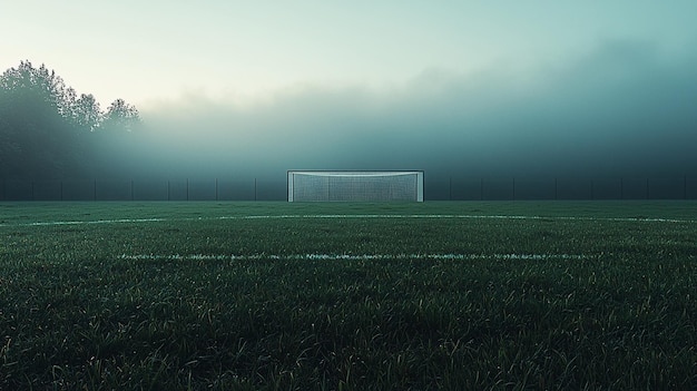 Photo serene minimalist soccer field at dusk soft light simple goal neutral tones calm atmosphere