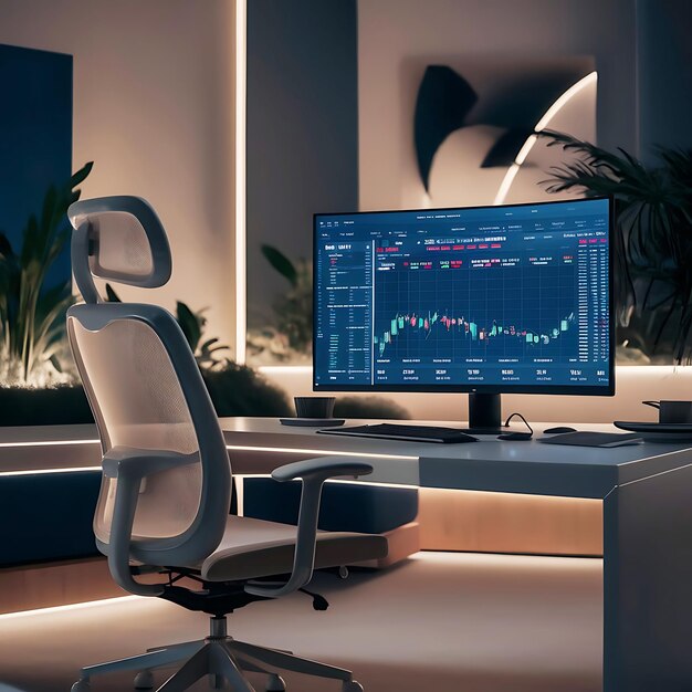 Photo serene minimalist workspace with realtime stock market dashboard