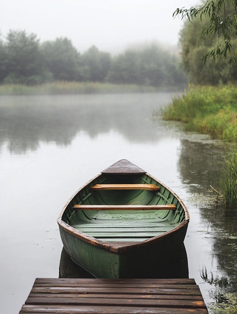 Photo serene misty lake with green rowboat at dawn