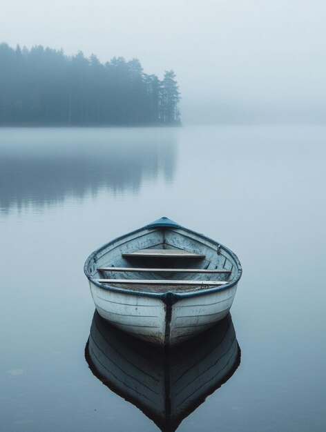 Photo serene misty lake with isolated boat at dawn