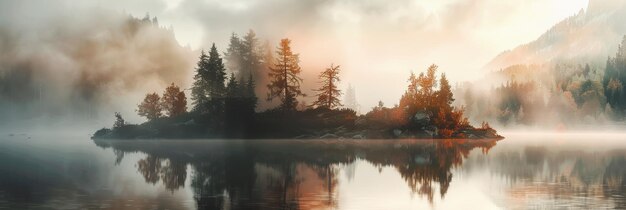 Serene Misty Morning on a Tranquil Lake A picturesque scene of a small island with trees shro